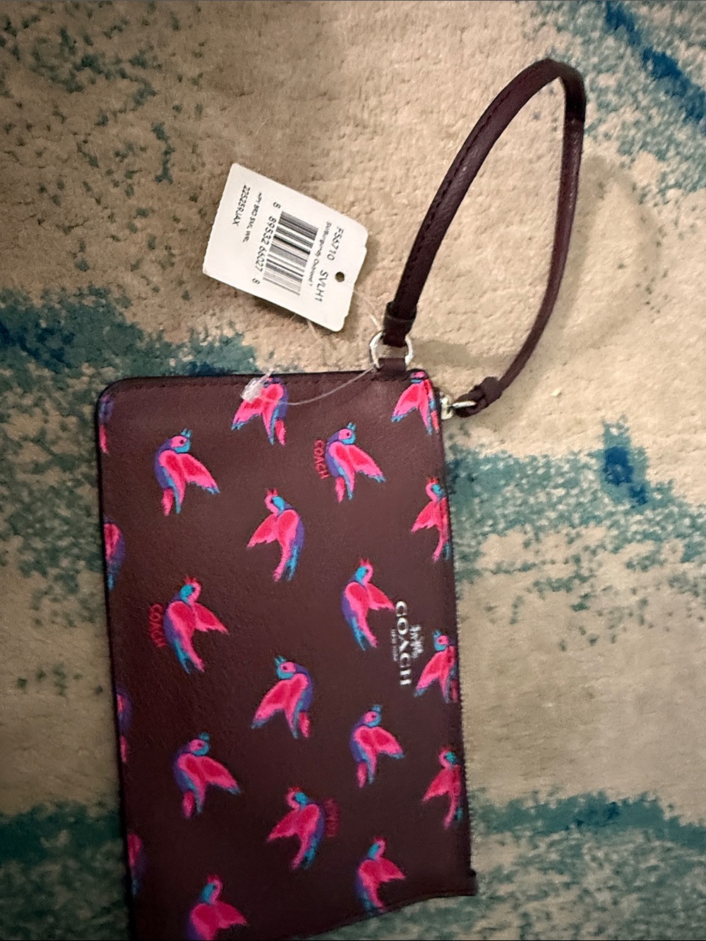 NWT COACH Plum Wristlet with Pink & Blue Bird Print